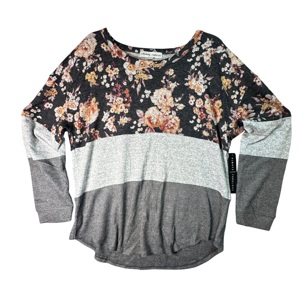 Absolutely Famous Floral Colorblock Knit Top Boho Casual XL Cottagecoe Lagenlook